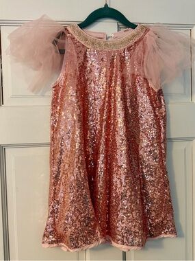 Girls' Pink Sequin Tulle Shoulder Party Dress - Kids 110 (4T)